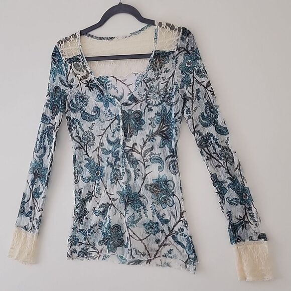 Source Unknown Tops - Y2K 90's Blue Floral Semi Sheer Mesh Tulle Beige Lace Trim Fitted Henley Top S E